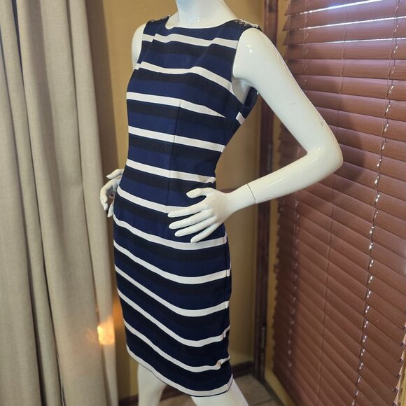 WHITE HOUSE BLACK MARKET Navy Black & White Striped Sleeveless Sheath Dress sz 6 - Picture 5 of 8